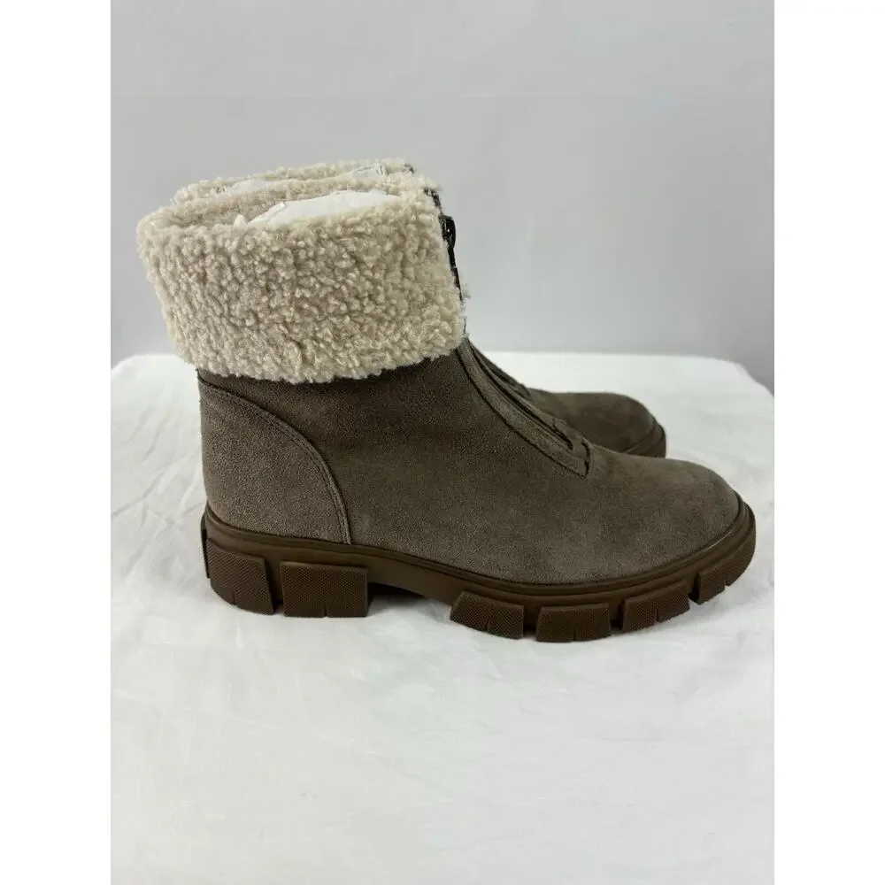 Blondo Plaza Suede Ankle Boots Taupe Tan Sheepskin 8 Zip Up Lug Sole